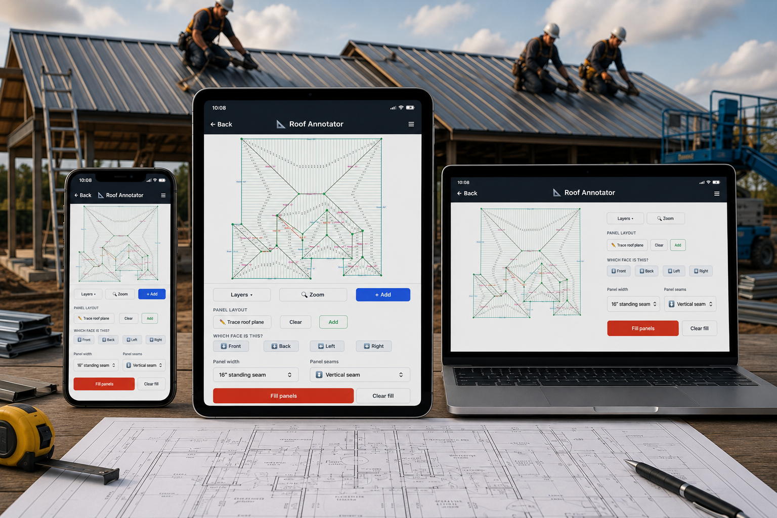 TakOft. Estimator's Roof Annotator across phone, tablet, and laptop